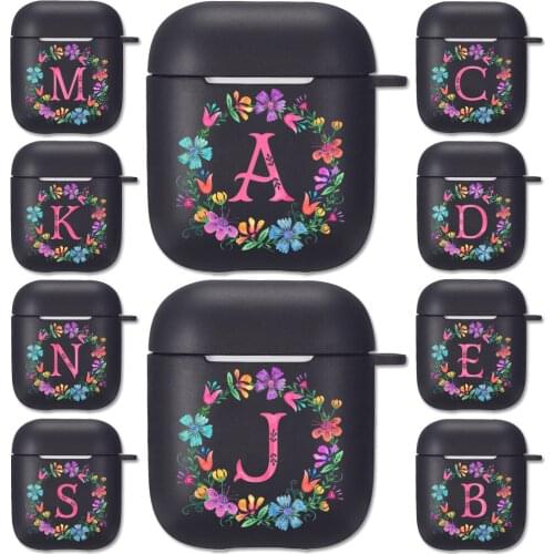 Pink Floral 26 A-Z Alphabet Print Black Silicone Case for Apple Airpods 1 2 Cases Capital Letters Soft Airpods Earphone Cover