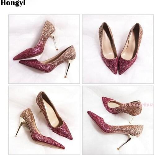 Female wedding dress shoes Gold rose woman 8cm high heel bride slip-on sexy pumps bling bling paillette stiletto bridesmaid shoe