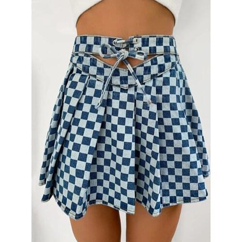 Women Fashion Plaid Mini Skirt High Waist Cut Out Lace-Up Pleated A-Line Wild Y2K Style Denim Skirt for Summer Daily Wear