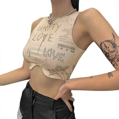 Women´s Summer Cropped Shirt Letters Printed Wrapped Elastic Casual Party Round Neck