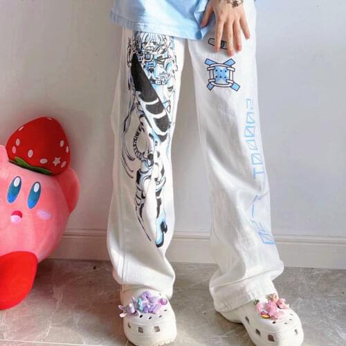 MINGLIUSILI Anime Pants Women Summer Fashion 2021 Y2k Wide Leg Pants Streetwear Harajuku Print Loose Casual Cyberpunk Clothing