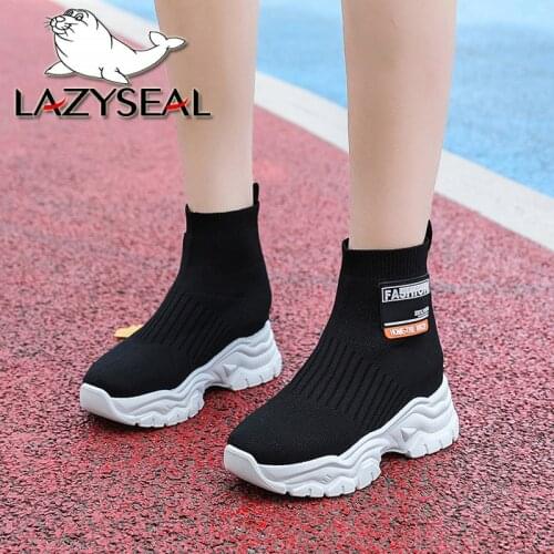 LazySeal 3cm Height Increasing Boots Woman Sneakers Fabrics 6cm Heel Platform Ankle Boots Round Toe Mesh Chunky Heels Shoes