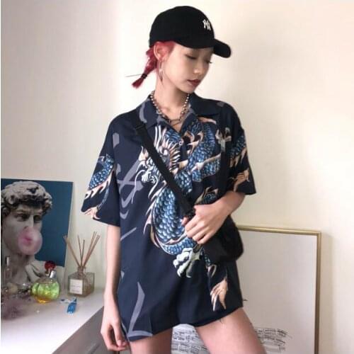 Womens Shirts Ulzzang Japanese Kawaii Ladies Vintage Dragon Print Short Sleeve Shirt Female Korean Harajuku Clothes For Women