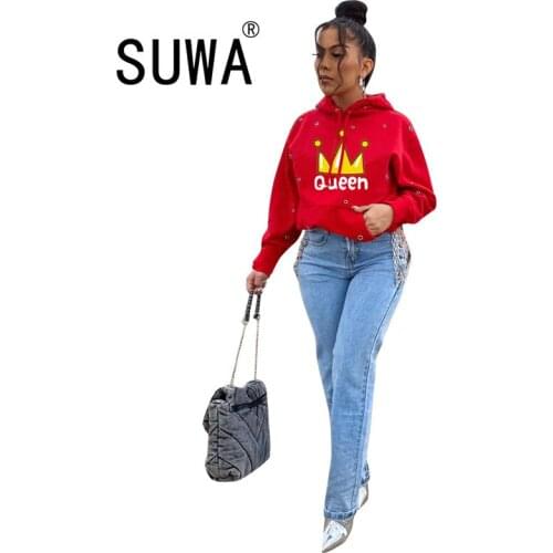 Classic Fashion QUEEN Letter Printed Women Pullover Sweatshirt Retro Tops O Neck Long Sleeve Loose Hoodies Female Streetwear