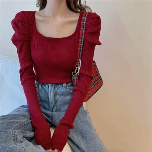 Woman Sweaters Pullover Square-Neck Puff Sleeve Sweater Fall Winter Inner Wear Tight Long Sleeve Knitted Top Femme Chandails