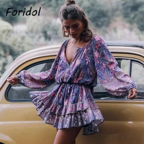 Foridol Cockcomb Cotton Bohemian Dress Women Long Sleeve Spring Autumn Beach Purple Short Dress Floral Print Casual Dress 2021