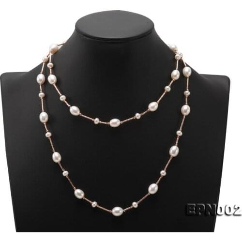 Elegant Ladies Necklace Perfect 4-10mm White Natural Freshwater Pearl Long Necklace Silver Tube Beads Jewelry Loving Gift