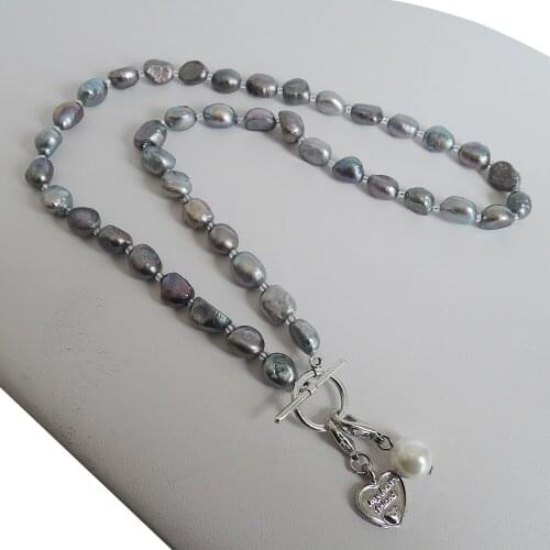 100% NATURE FRESHWATER PEARL NECKLACE,long baroque pearl 7-9 mm,silver heart and blue heart pendant