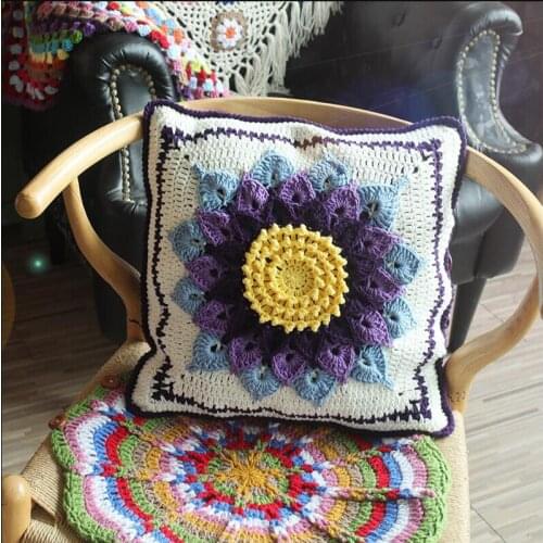 40x40cm Handmade Original Crochet Cushion Pillow Case Hand Hooked Flower Felt Pastoral Style Granny Square