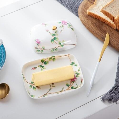 Large Rose Flower Ceramic Butter Dish with Lid Keeper Container Sealing Ring Kitchen Storage Box Dishware Tableware