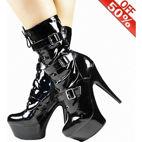 15cm ankle boots patent leather ankle strap buckle strap Cross dressing 6inch stripper heels sepatu wanita platform heels club