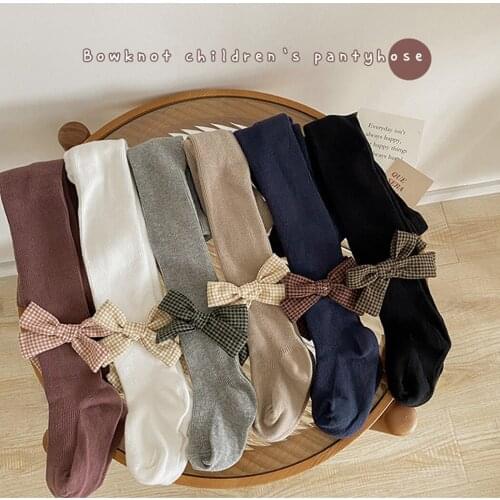 2021 Korean Style Children Baby Girl Sweet Bowknot Knitted Collant Pantyhose Tights Newborn Kids Soft Cotton Trousers Stockings