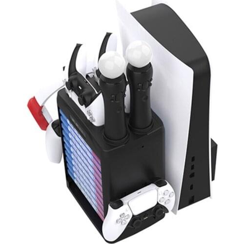 Dual PS5 Controller & PS Move Charging Stand Charger Station Cooling Base with 2 Hook Game Card Storage for PlayStation5 Console