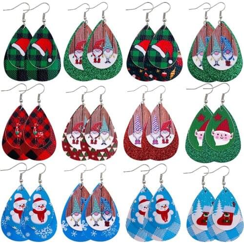 Layered Buffalo Plaid Christmas Deer Snowman Leather Earrings For Women Xmas Gifts Teardrop Jewelry Gifts Brincos 2020