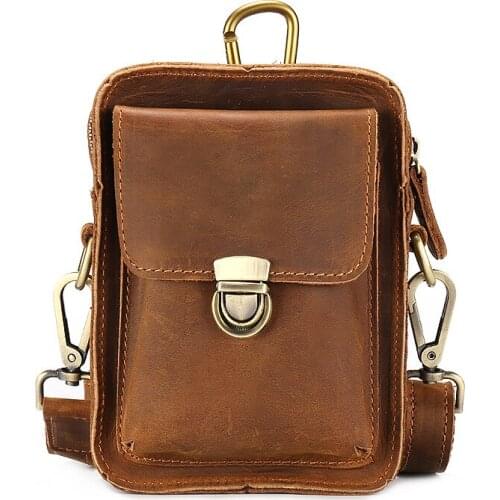 Mens pocket cowhide leather bag small purse 4-6 inch mobile phone bag crazy horse leather retro men waist bag male shoulder bag