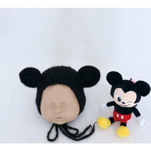 Newborn Cute Little Mouse Doll Set, Black Hat Adjustable Round Ear Decoration, Boy And Girl Photography Props