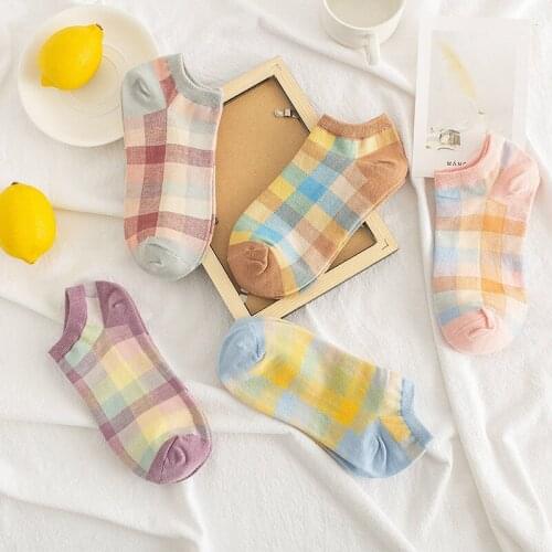 Plaid Socks Female Tide Thin Socks Japanese Cute Boat Socks Cotton Spring Summer College Style Shallow Mouth Socks Wholesale