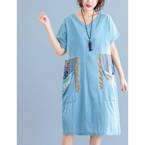New Summer Women Dresses Plus Size V-Neck Indie Folk Print Casual Loose Hole Pockets Jeans Dress For Females Denim One-Piece