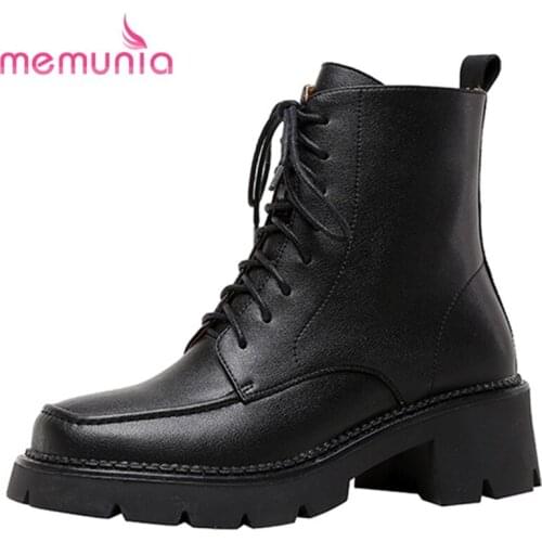 MEMUNIA 2022 New Arrival Cow Leather Shoes Lace Up Zipper Ankle Boots Square Heels Platform Female Boots Winter Ladies Hand Made