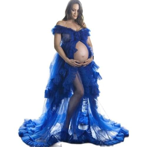 Chic Illusion Ruffles Tulle Front Split Maternity Photo Sexy Kimono Pregnant Party Sleepwear Women Bathrobe Sheer Nightgown Robe