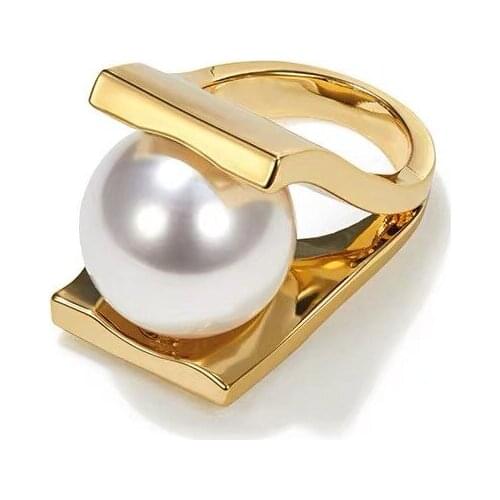 SRCOI Gold Color Metal Hollow Big Imitation Pearl Ring Exaggeration Design Finger Rings for Women Elegant Party Weddings 2020