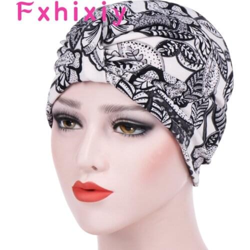 New Muslim Elastic Women Print Flower Knot Cotton Ruffle Turban Hat Chemo Beanie Cap Head Wrap Hairband Cancer Hair Accessories