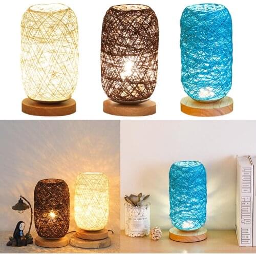USB Power Desk Light Rattan Lampshade Wood Base Bedside LED Table Lamp Rustic for Household Bedroom Accessories