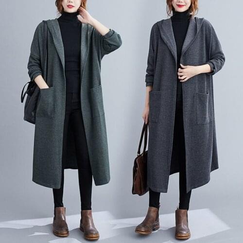 Autumn Solid Color Large Size Loose Long Windbreaker Jacket Female Long Sleeve Hooded Cardigan Womens Clothes e550