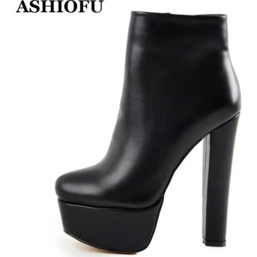 ASHIOFU Hot Sale Handmade Ladies Chunky Heels Boots Black Platform Party Prom Ankle Boots Daily Wear Thick-heel Fashion Boots
