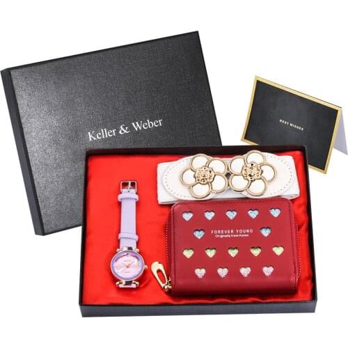 Women Quartz Watch Gift Set Flower Belt Hollow Wallet Card with Box Wristwatches Best Gifts for Female Daughter Mother 2021
