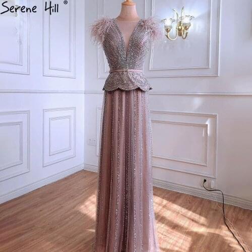 Serene Hill Meat Pink Luxury Evening Dresses Gowns 2021 Beading Feathers A-Line For Women Party LA70929