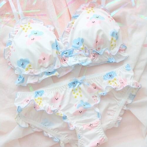 Cute Lolita Lingerie For Women Girls Japanese Kawaii Bra Panty Set Milk Silk Flower Priented Wire Free Underwear Woman Inmaties