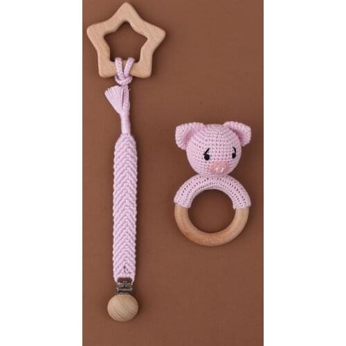 1Set Crochet Bunny Baby Teether Rattle Safe Beech Wooden Teether Ring Pacifier Clip Chain Set Newborn Mobile Gym Educational Toy