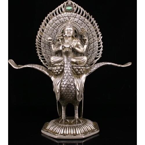 11"Tibet Buddhism Old Bronze Gilt silver mosaic gem Peacock Buddha Sitting Buddha Enshrine the Buddha