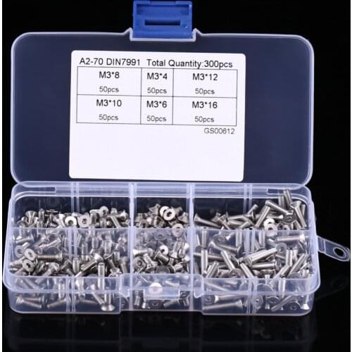 300pcs M3 Screws Flat Head Hex Socket Stainless Steel Screws Assortment Kit In Box for Home Tool Kit