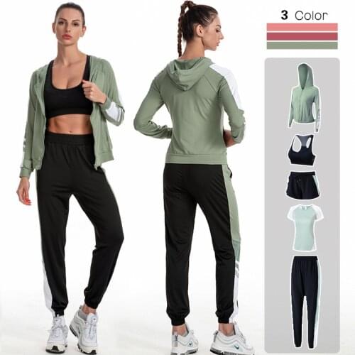 4XL 5 Pieces Women Yoga Set Workout Sportswear Gym Clothing Fitness Long Sleeve Crop Top High Waist Leggings Sports Suits