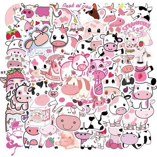 50PCS Kawaii Strawberry Dairy Cow Stickers For Children Girl Cute Pink Cows Animal Stickers Toy DIY Notebook Stationery Guitar