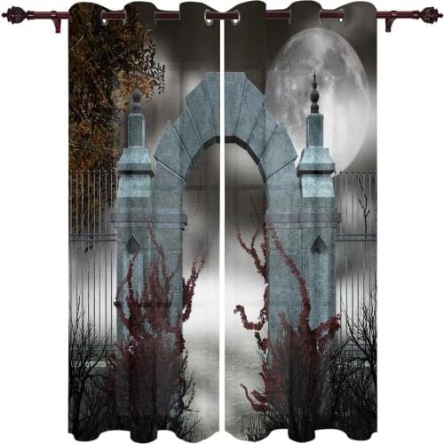 Arch Stone Moon Night Fog House Door Window Curtains for Living Room Bedroom Kitchen Decor Window Treatments Christmas Curtains