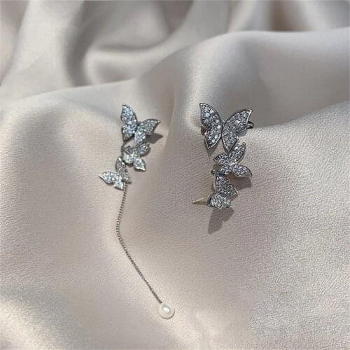 HHSPPF XY 2020 New Korean Asymmetric Cute Crystal Butterfly Long Tassel Earrings Metal Pendant Earrings Women Jewellery Gifts