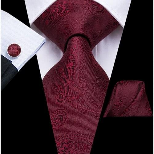 Hi-Tie Designer Men Necktie Red Wine Burgundy Solid Silk Wedding Tie For Men Hanky Cufflinks Tie Set Business Party Dropshipping