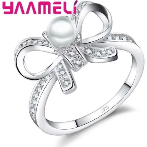 Romantic AAA Zircon Engagement Rings for Women 925 Sterling Silver Wedding Ring Bowknot White Pearl Jewelry Top Quality
