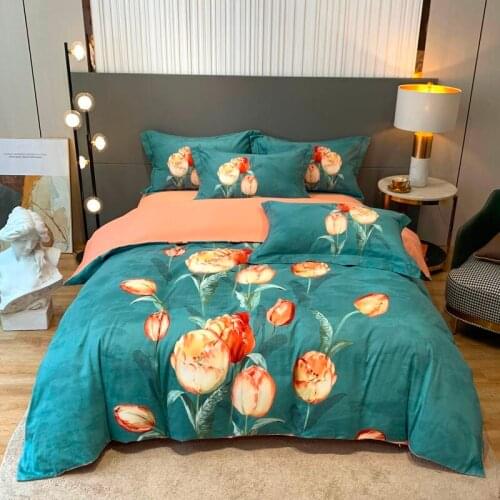 Ultra Soft and Thick Brushed Cotton Bedding Set 4pcs pretty tulip flower printed Green revesible duvet cover with zipper closure
