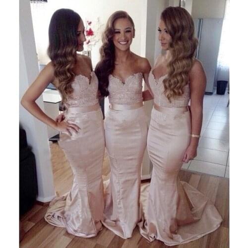 Lace Sweetheart Satin Long Champagne Bridesmaid Dresses 2015 Sexy Mermaid Gowns Cheap Vestido De Madrinha