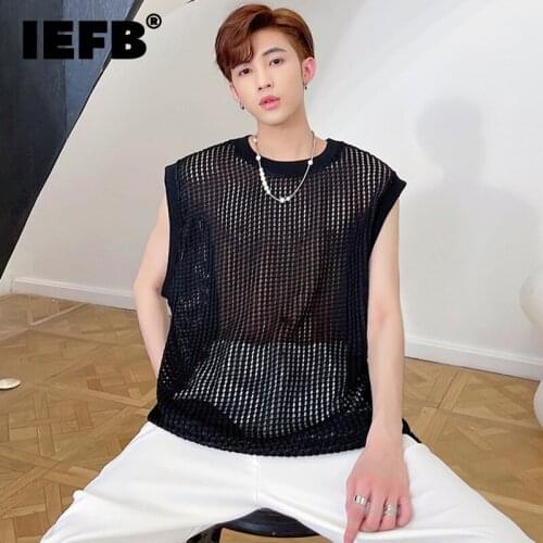 IEFB Summer Niche Sleeveless Waistcoat Mens Versatile Hollow Out Bottomed Tank Tops 2021 New See Through Male Clothes 9Y8779