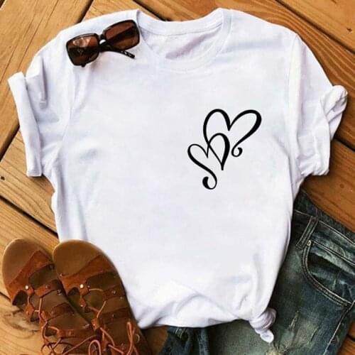 Maycaur Summer Women T-shirt Fashion Kawaii Heart Pattern Printing Shirt Harajuku Leisure Streetwear Female Clothe Pocket Tshirt