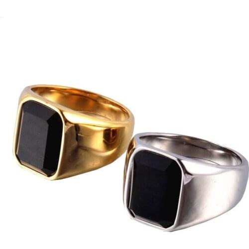 Mens Black Square Gem Stone Silver color And Golden color 316L Stainless Steel Ring Mens Jewelry High Quality