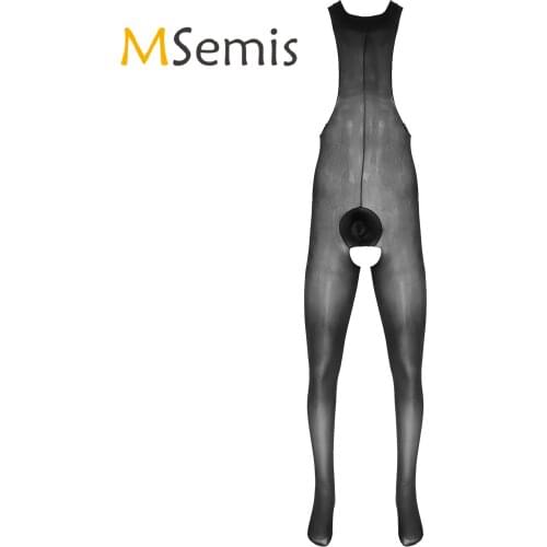 Mens Lingerie See-through Bodystocking Glossy Crotchless O Neck Leotard Costume Open Penis Pouch Erotic Tights Bodysuit
