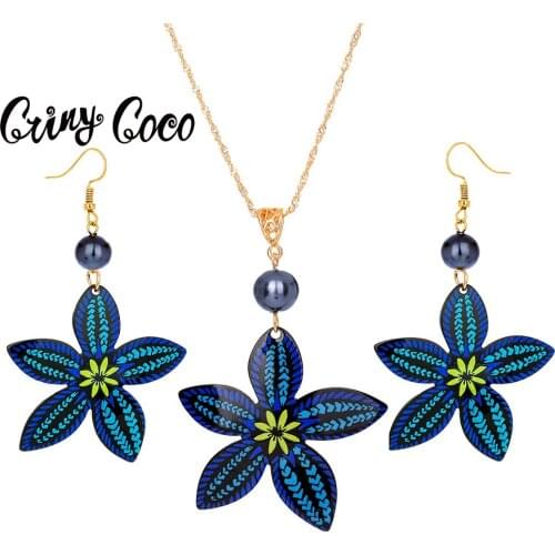 Cring Coco Acrylic Jewelry Sets 2021 Fashion Blueness Flower Pearl Earrings and Necklaces Set Hawaiian Beach Earing for Women