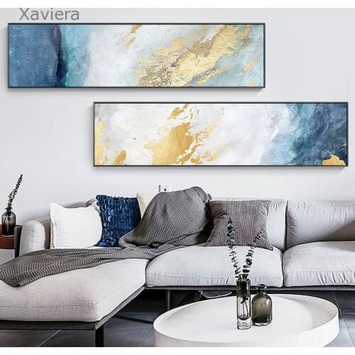 Bedside Painting Abstract Golden Blue Line Art Poster Nordic Modern Canvas Print Aesthetic Picture Home Decor Bedroom Large Size
