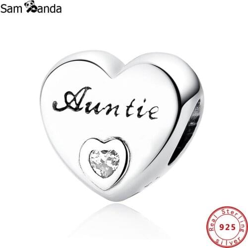 New Arrival 925 Sterling Silver Charms Beads White CZ Auntie Love Heart Charm Fit Original Bracelets Women DIY Jewelry